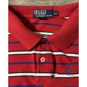 Polo Ralph Lauren Red Striped Short Sleeve Polo Shirt, Blue Pony, Size 2XL